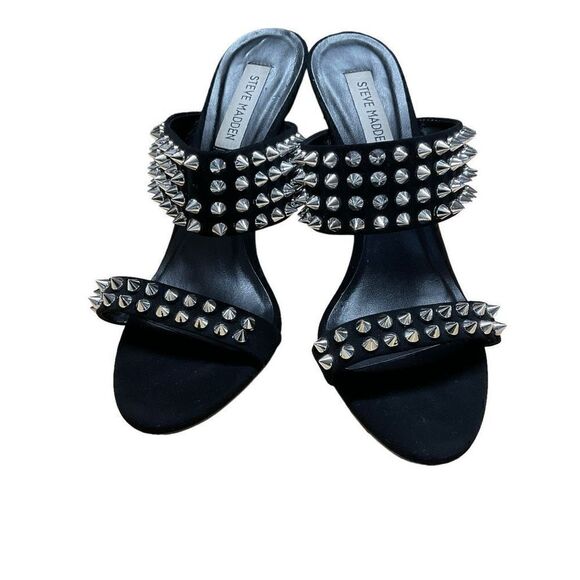 Steve Madden Radar Heels Sandals Black Silver Toned Studded Bands 4.5” Heels 8.5 - Picture 1 of 16